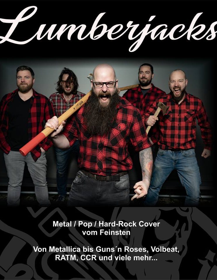 Fünf Männer in karierten Hemden mit Äxten, Bandname "Lumberjacks" oben.
